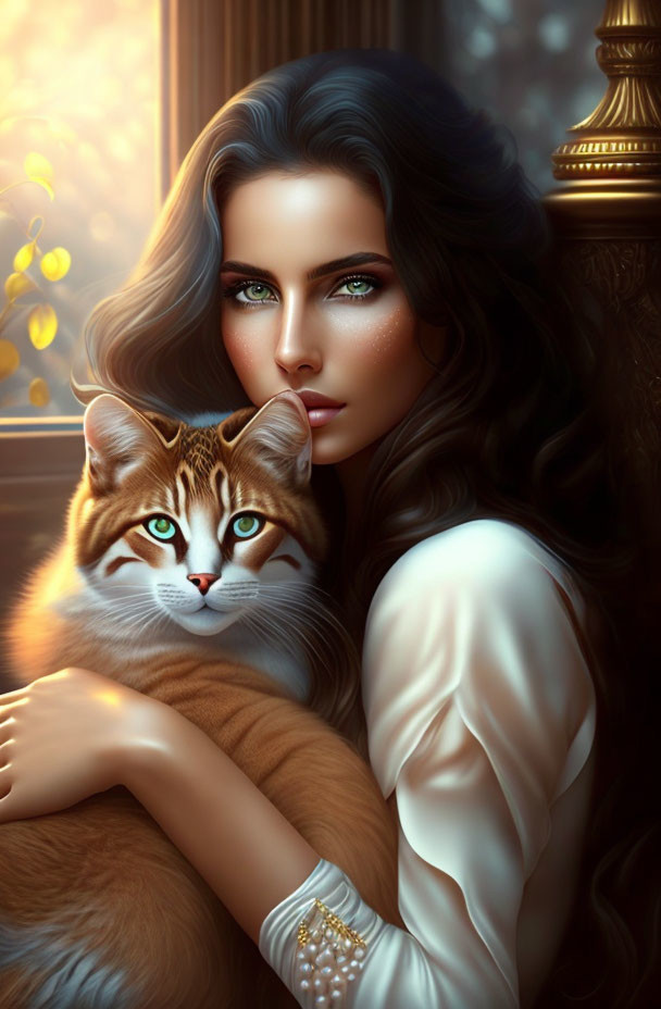 Woman with blue eyes and dark hair embracing ginger and white cat in warm light