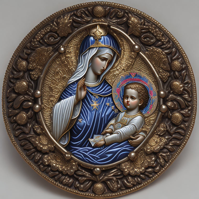 Detailed Bas-Relief of Virgin Mary & Child Jesus in Blue Robes