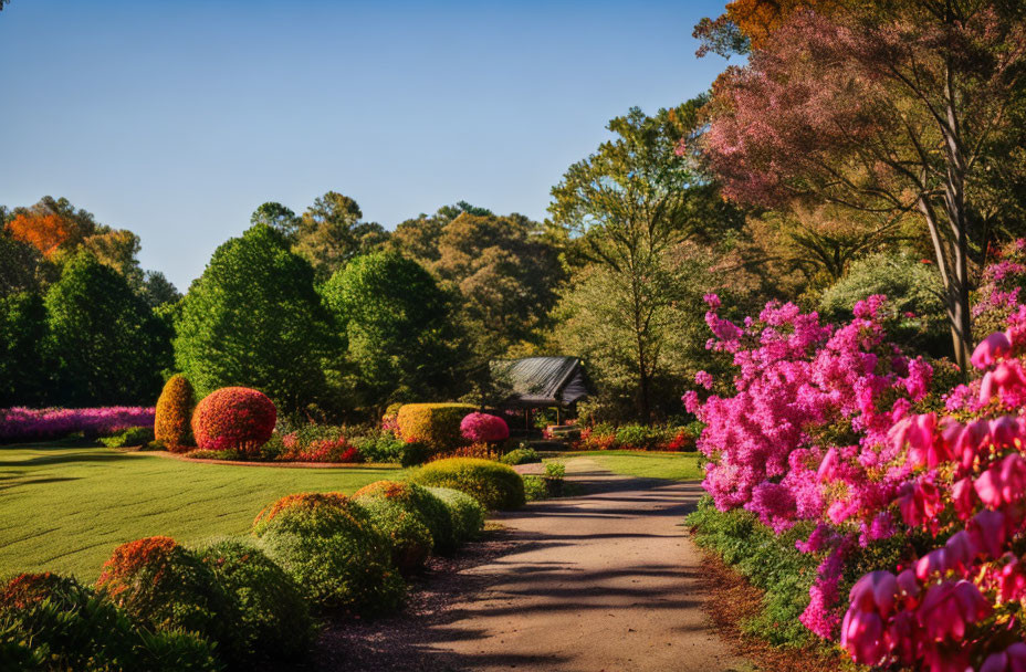 Vibrant pink flowers lining picturesque garden path