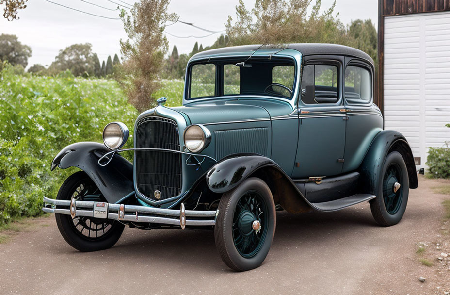 Classic Green Car with Chrome Grille on Gravel Road