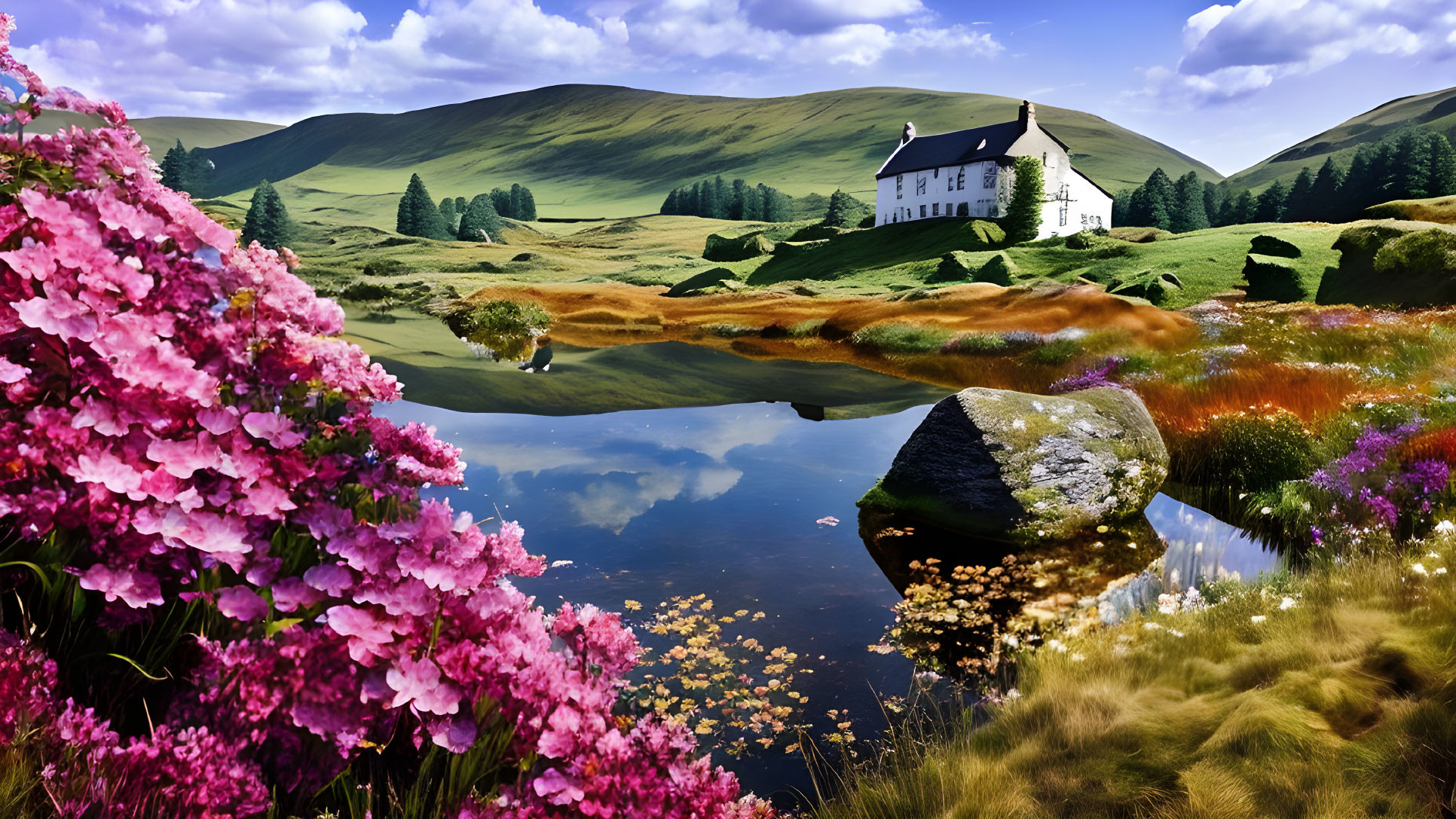 Tranquil lakeside landscape with white house, colorful flowers, green hills