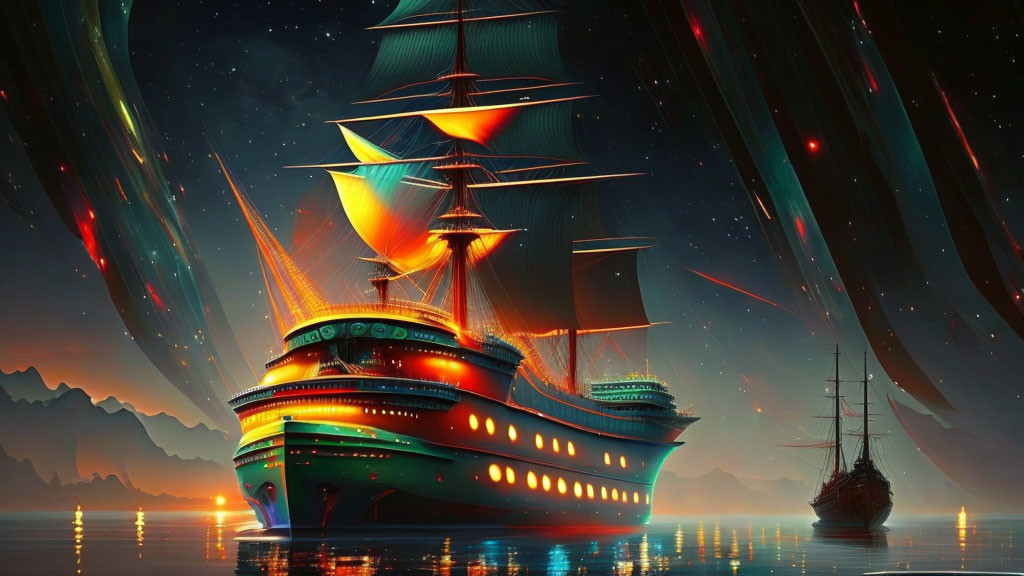 Digital art: Illuminated ships on ocean under starry sky