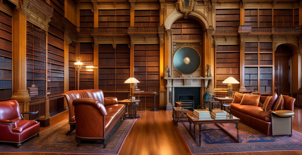 Classic Library Room with Wooden Shelves, Leather Sofas, Fireplace & Globe