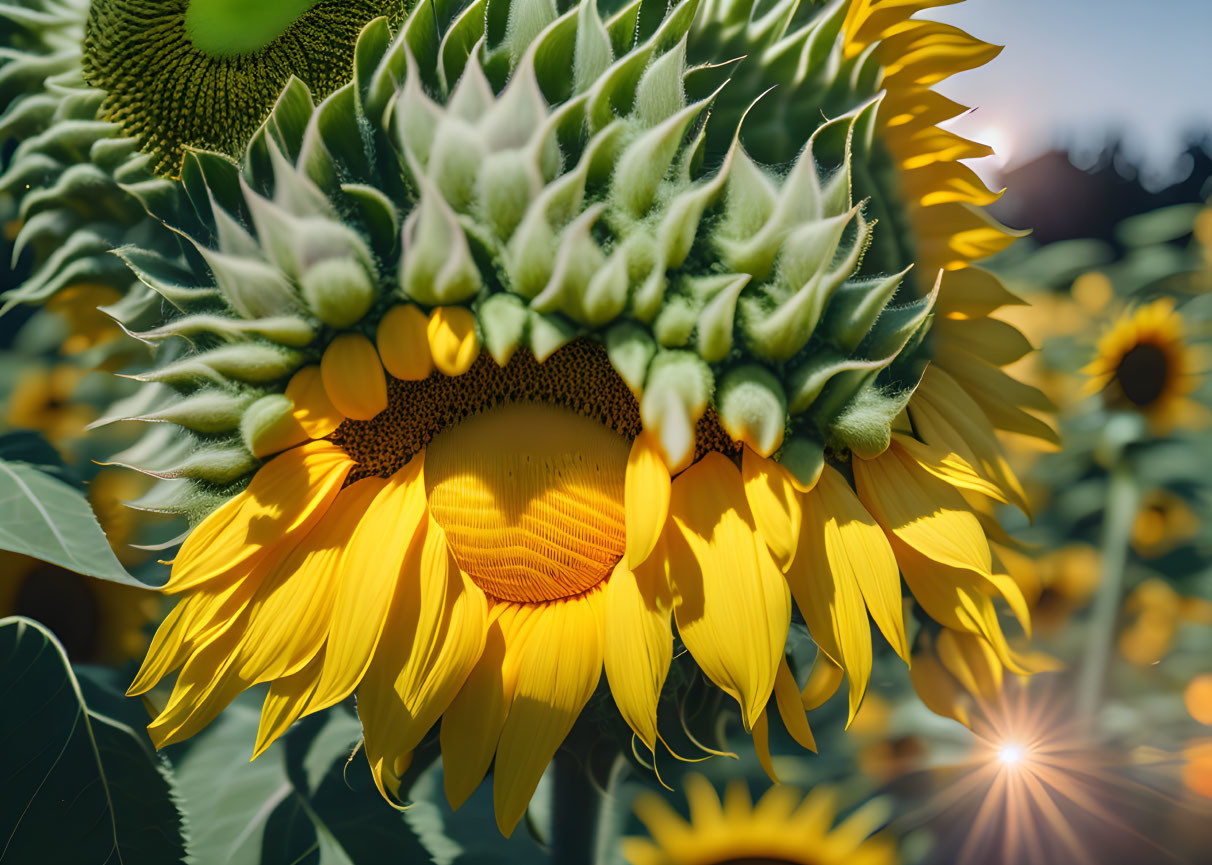 Vibrant sunflower in bloom under sunlight in a sunflower field