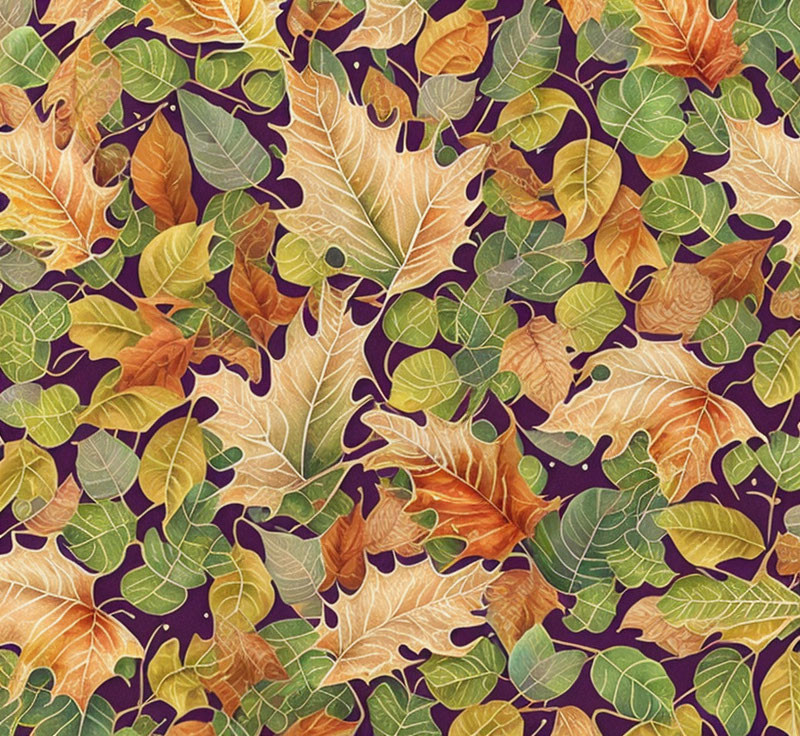 Colorful Autumn Leaves Pattern on Dark Purple Background