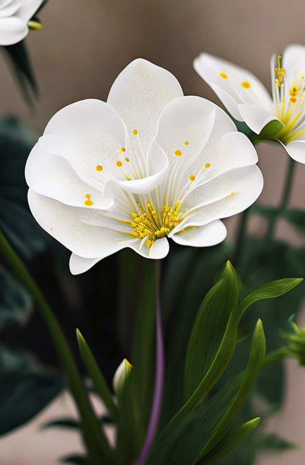 White Flowers with Yellow Stamens and Green Leaves on Soft Background