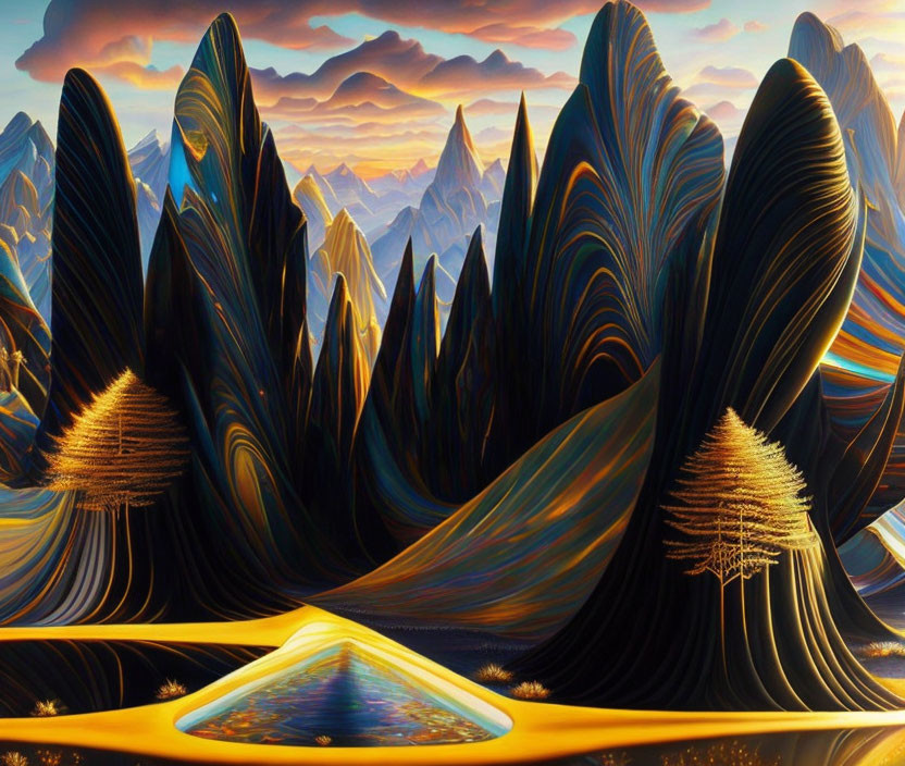 Surreal landscape with wavy mountains, golden tree, and reflective pool