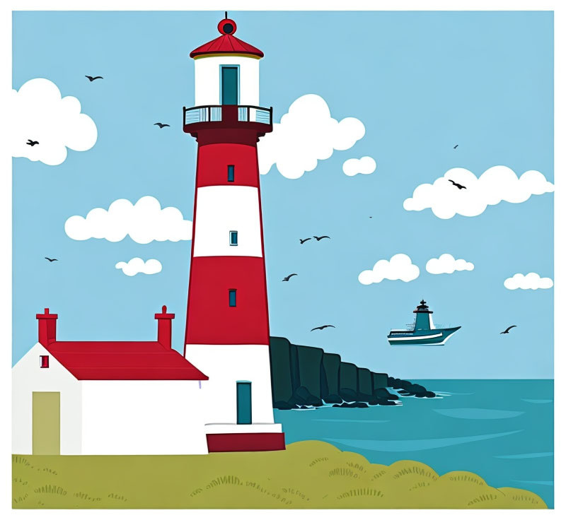 Stylized red and white lighthouse illustration by the sea with house, birds, clouds, and