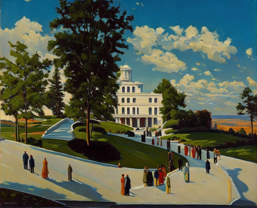 People strolling towards grand white building surrounded by trees in serene setting