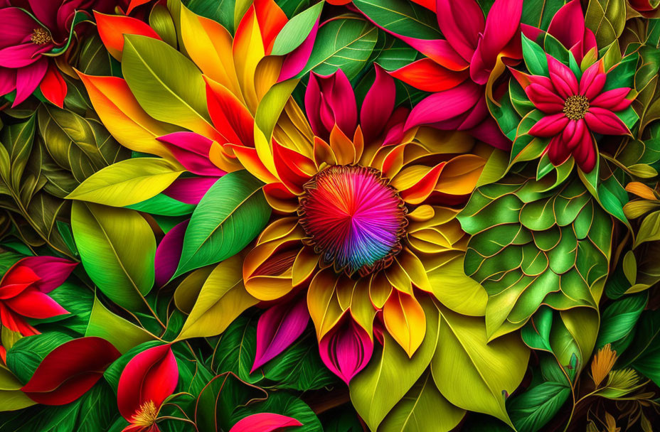 Colorful digital artwork: Stylized flowers in yellow, red, pink, and green on dark