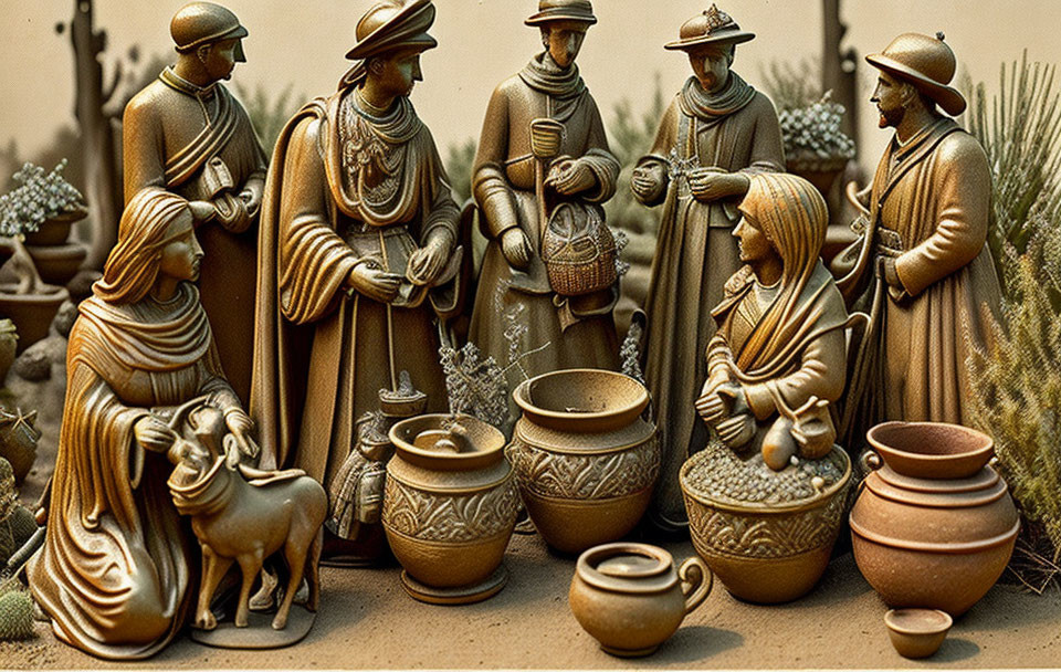 Detailed Clay Figurines Depicting Rustic Human Activities and Pottery