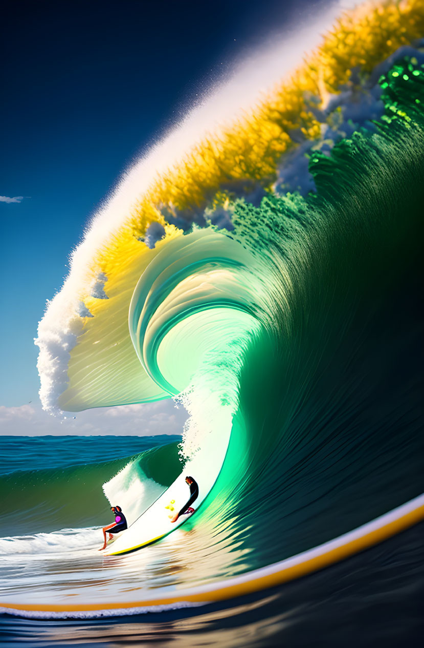 Surfers riding large curling wave with sunlight and vibrant hues.