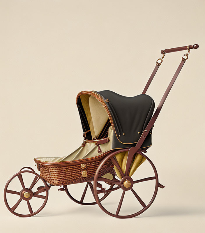 Vintage-style Baby Stroller with Wicker Basket and Leather Accents