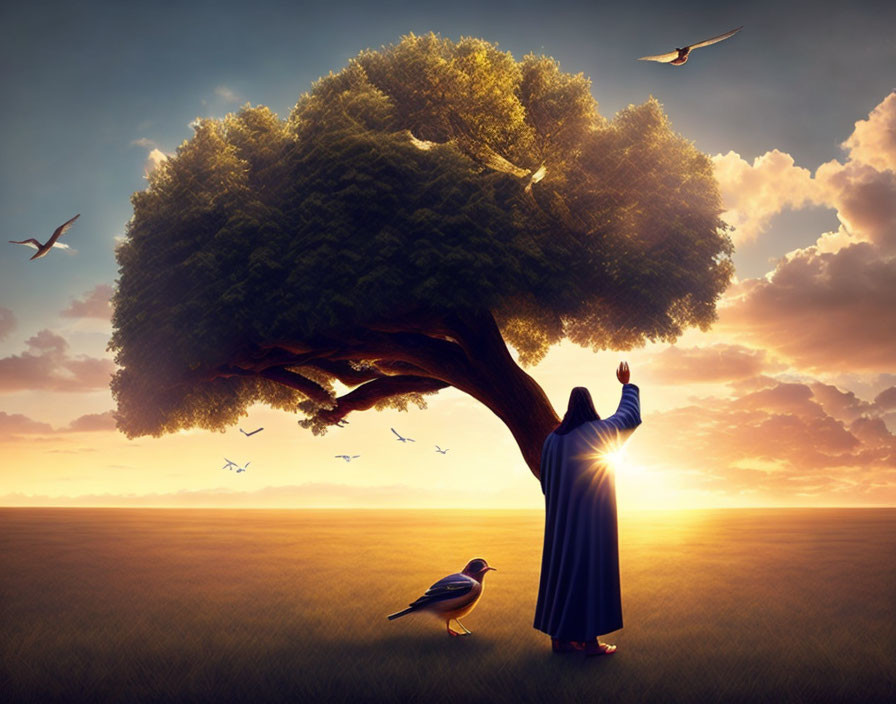 Robed Figure Reaching Towards Flying Bird in Surreal Sunset Scene