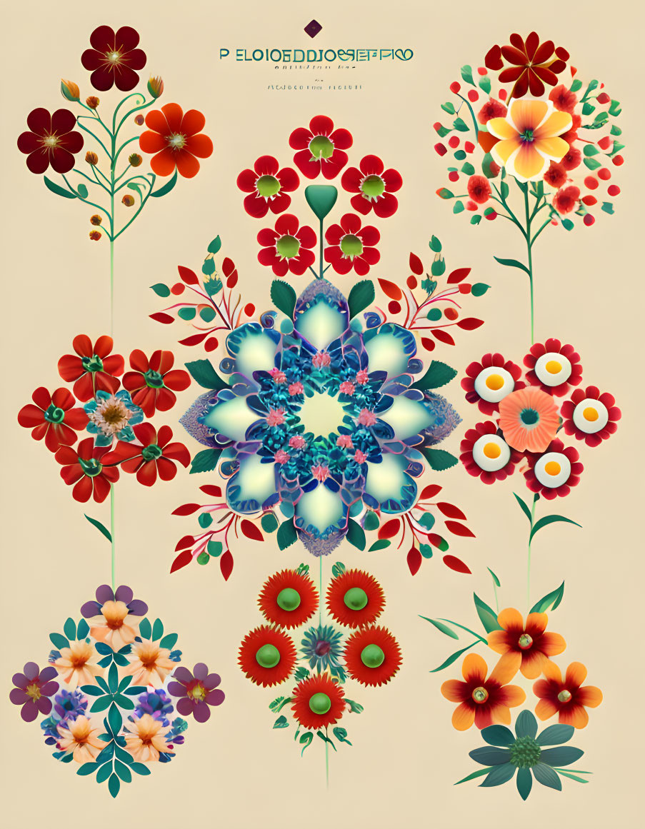 Symmetrical floral design surrounded by stylized flowers on colorful poster