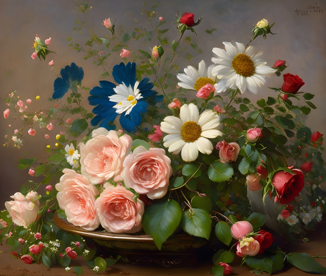 Classic Still Life Painting: Colorful Flowers in Golden Bowl