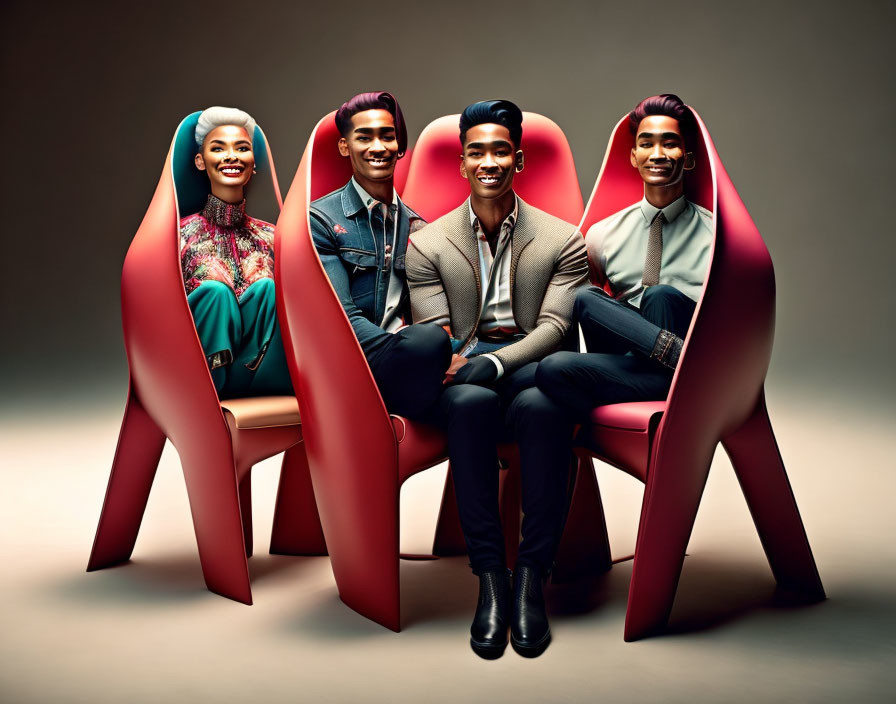 Stylish individuals posing in modern red chairs on neutral background