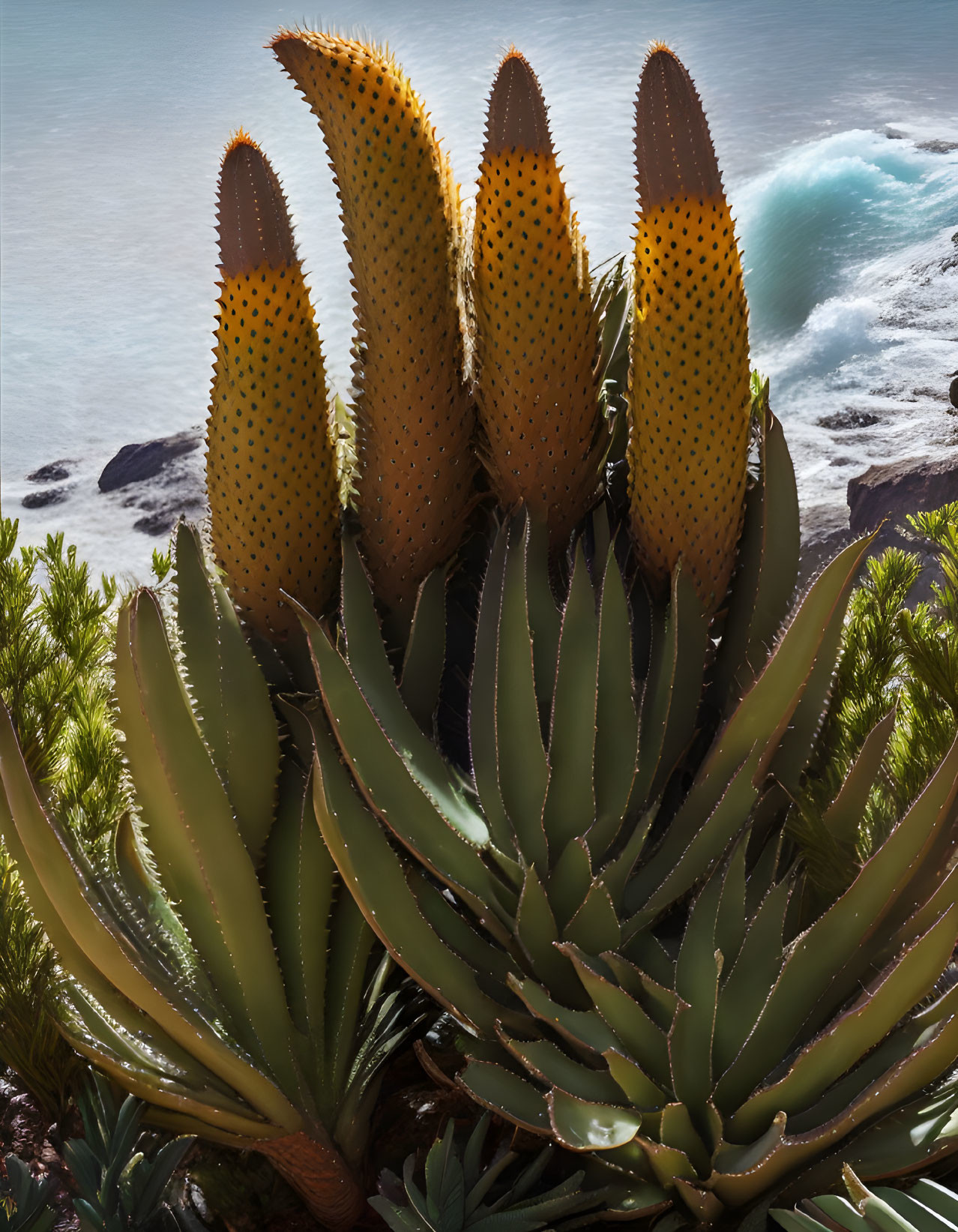 Coastal succulent plants with cone-shaped blooms and rocky cliffs