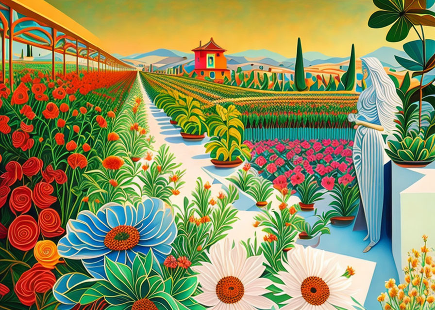 Vibrant flower rows with distant pavilion and statuesque figure