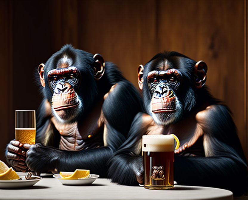 Chimpanzees at table with orange juice and beer on wooden backdrop