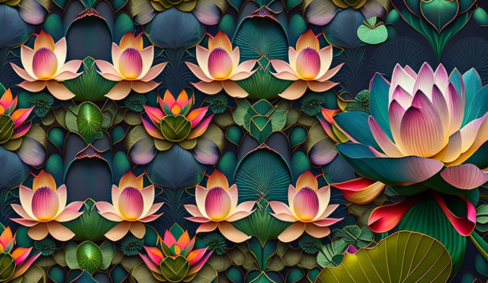 Colorful digital artwork: Stylized lotus flowers in pink and purple on dark backdrop