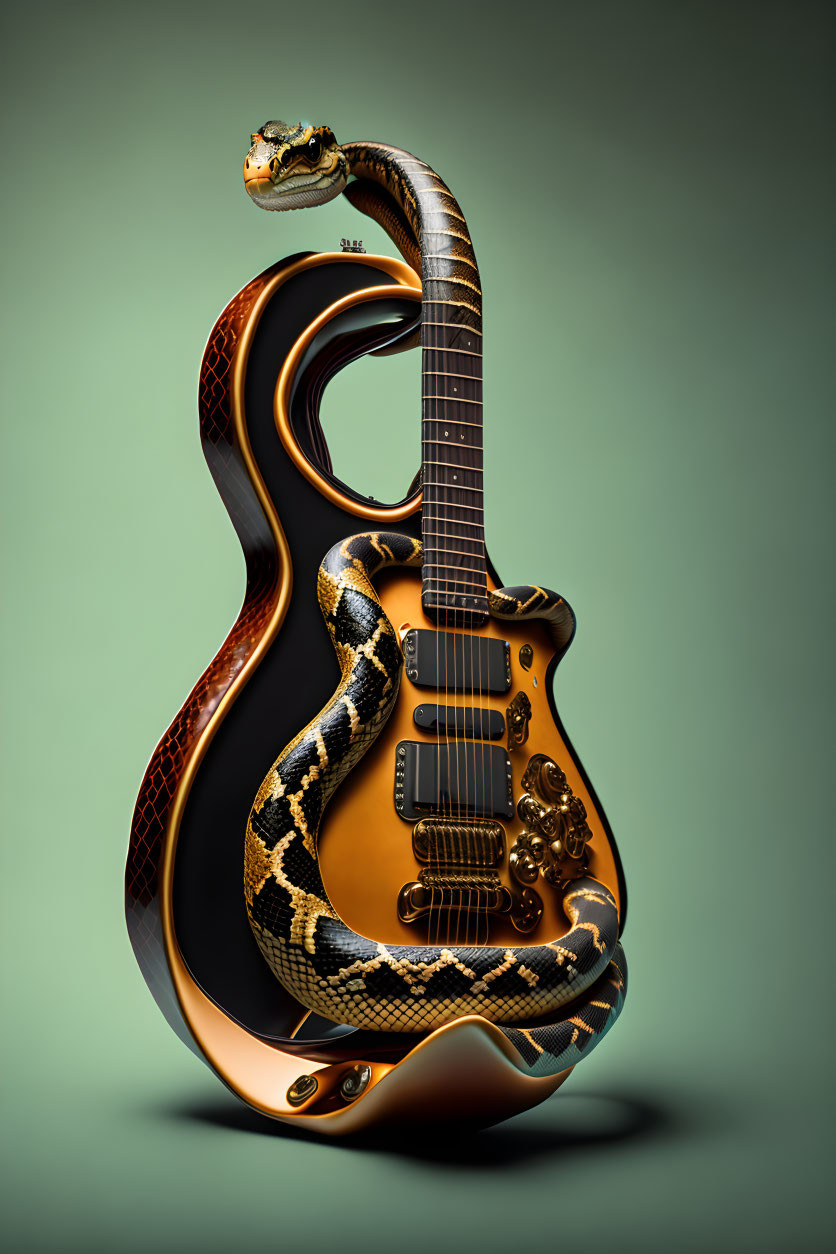 Black and Gold Electric Guitar Entwined by Python