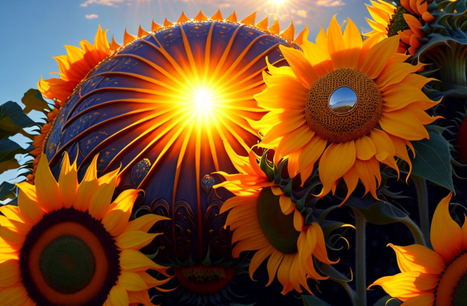 Vivid sunflowers and ornate metallic sphere under bright sun.