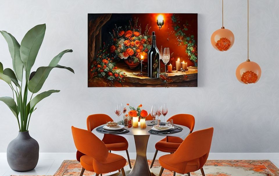 Contemporary dining room with large painting, orange chairs, round table, pendant lights, and green plant