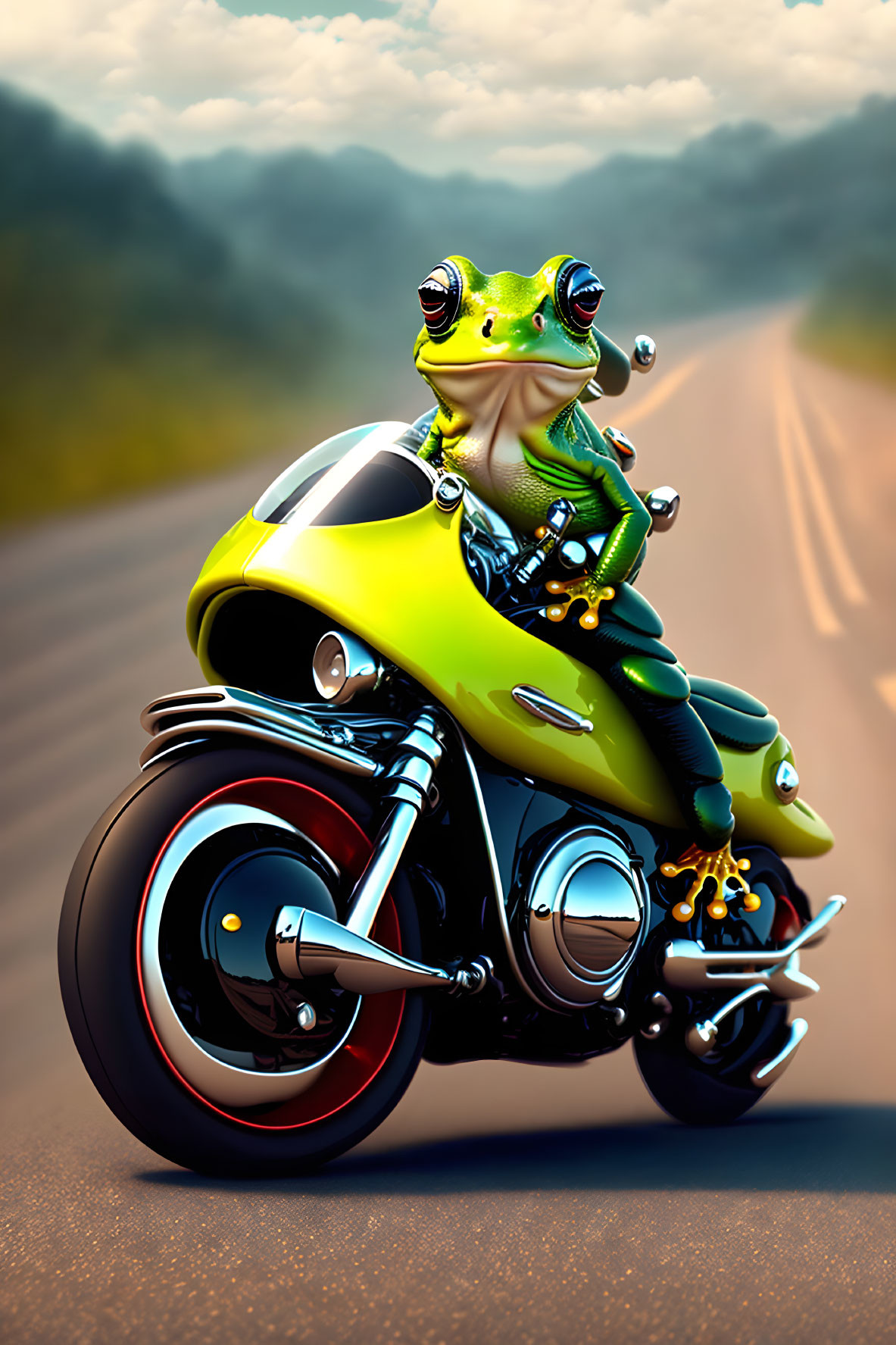 Stylized illustration of frog on motorcycle with sunglasses