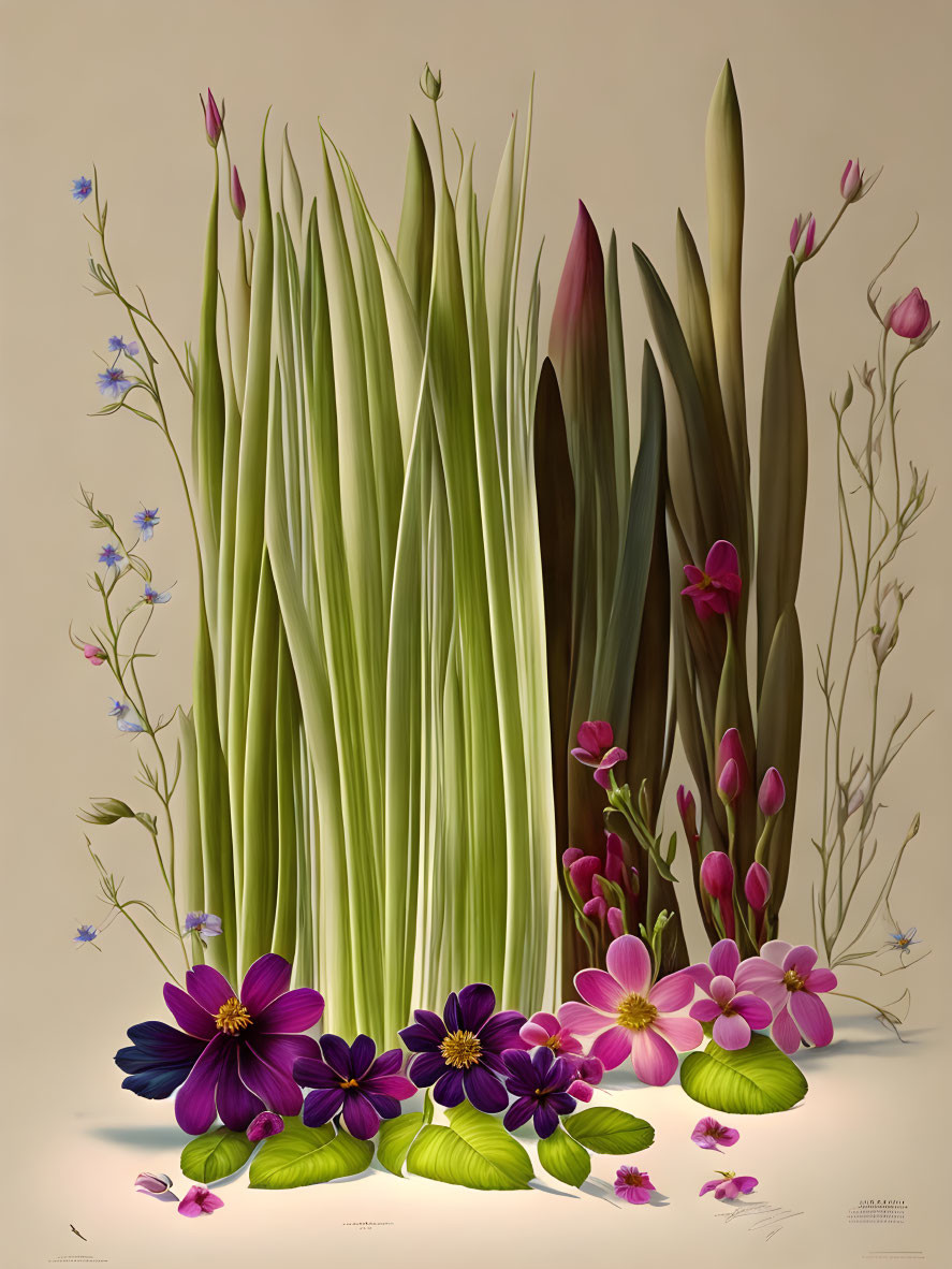 Botanical Illustration Featuring Green Leaves, Purple Blooms, and Blue Flowers