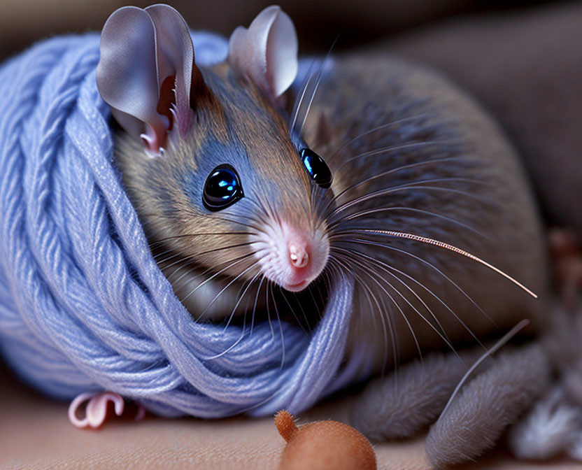 Small Mouse Nestled Beside Blue Yarn Ball in Warm Setting