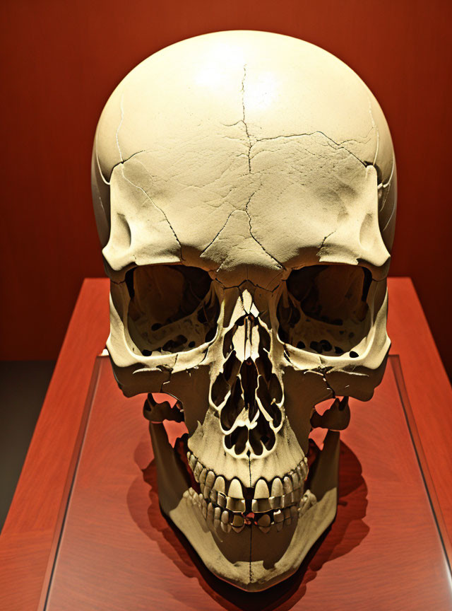 Human skull on stand with cranial suture and dentition against red background