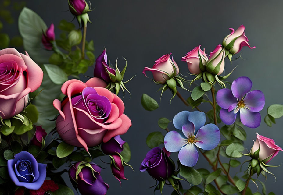 Colorful Rose and Pansy Arrangement on Dark Background