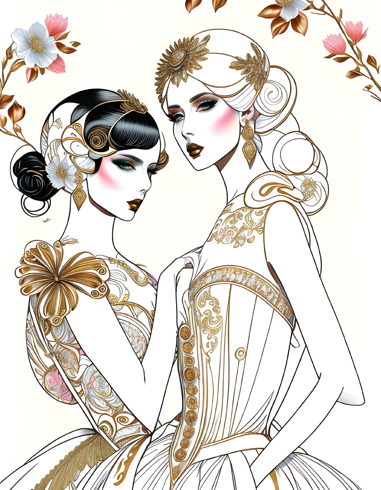 Stylized women in gold and white attire with floral motifs