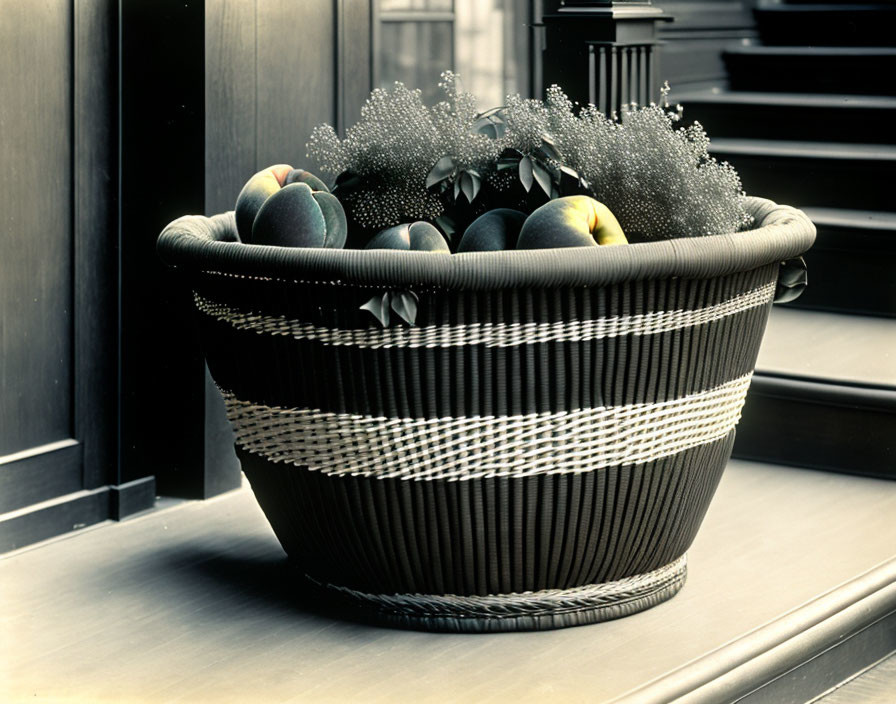 Basket of peaches with plants on steps by door