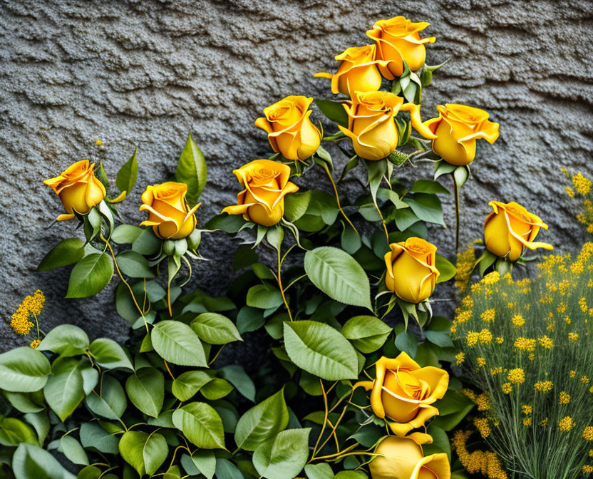 Vibrant yellow roses on textured gray wall