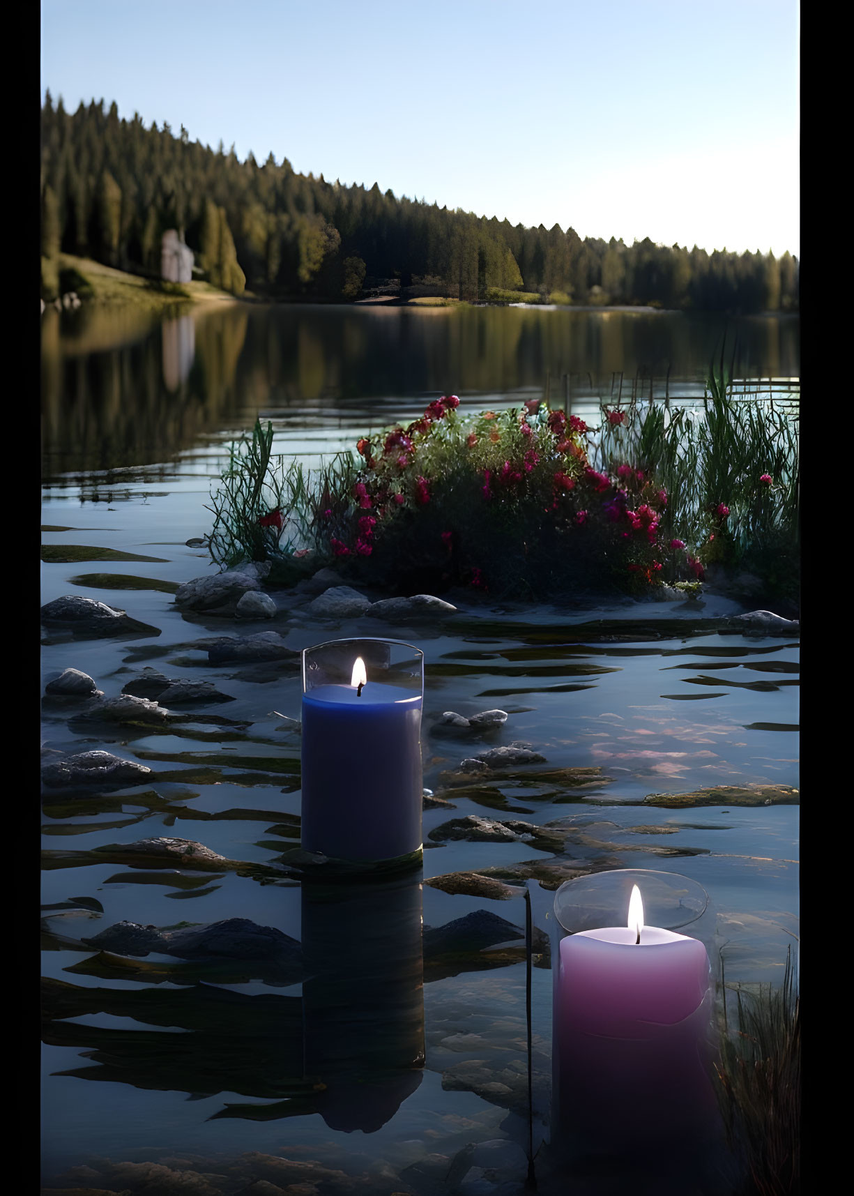 Calm lake scene: two candles in glass holders, dusk ambiance, greenery, forest backdrop