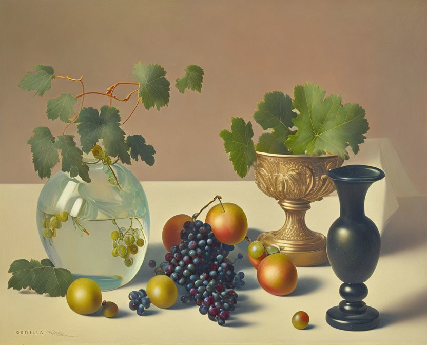 Classic Still Life Painting with Grapes, Apples, Glass Bowl, Goblet, and V