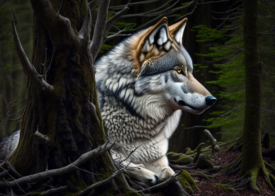 Majestic wolf with thick fur in dense forest habitat