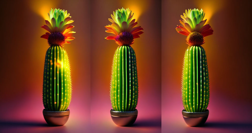 Three cactus images with colorful blooms on gradient backdrop