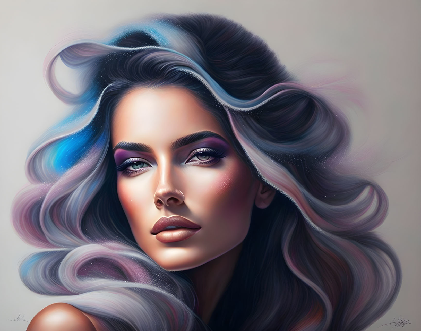 Vibrant digital artwork: Woman with blue and purple wavy hair and striking makeup