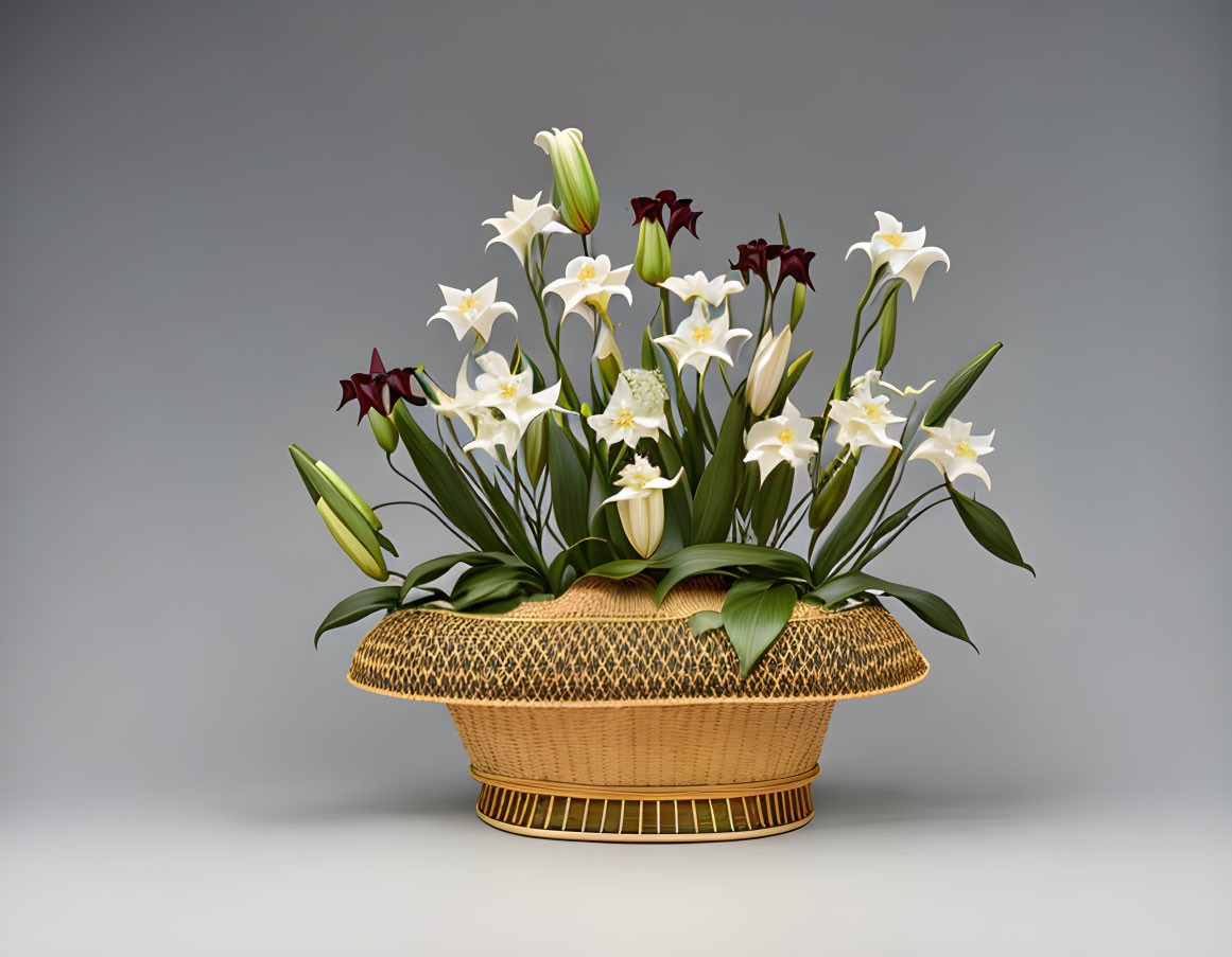 White and Burgundy Lilies in Golden Basket on Grey Background