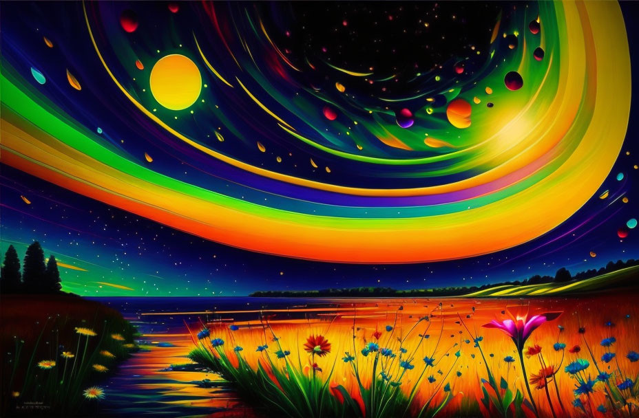 Colorful surreal landscape with swirling skies, celestial bodies, lake, and flowers