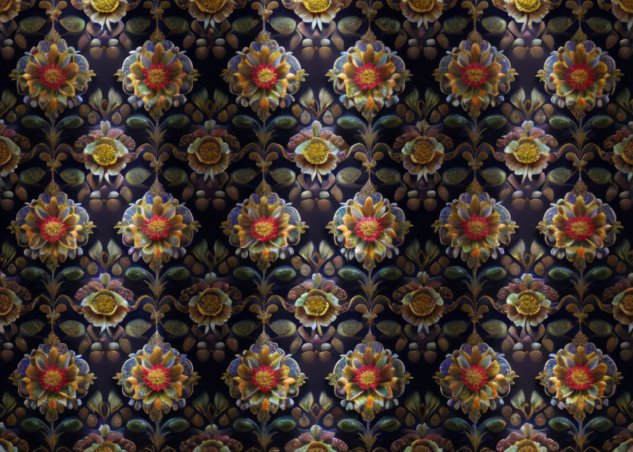 Detailed Floral Pattern with Red and Yellow Flowers on Black Background