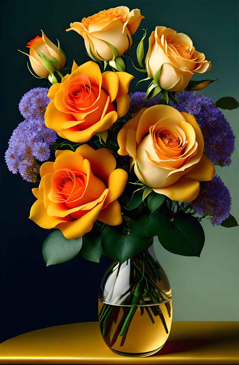 Colorful Orange and Yellow Roses with Purple Flowers in Clear Vase