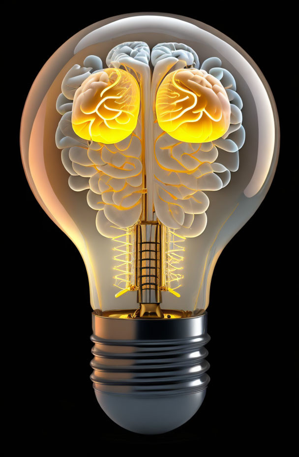 Symmetrical glowing brains in light bulb concept