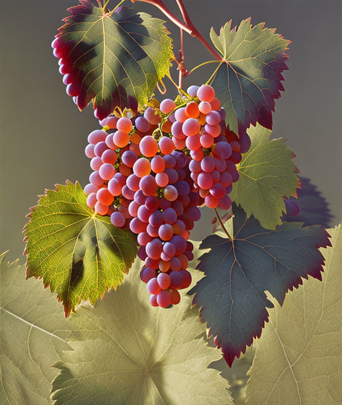 Fresh Red Grapes on Vine with Green Leaves in Soft Light