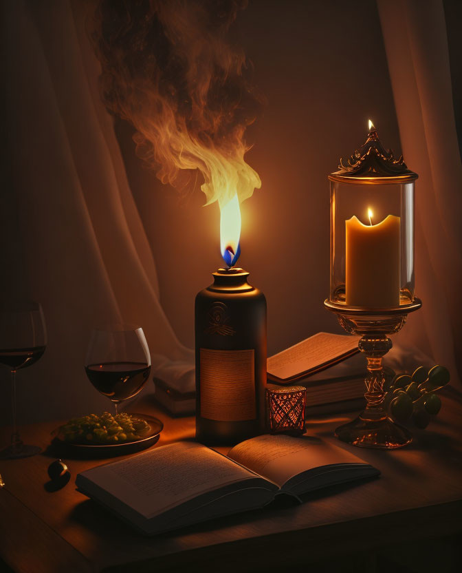 Dark and cozy still life with open book, lit candle, wine, grapes, and nuts