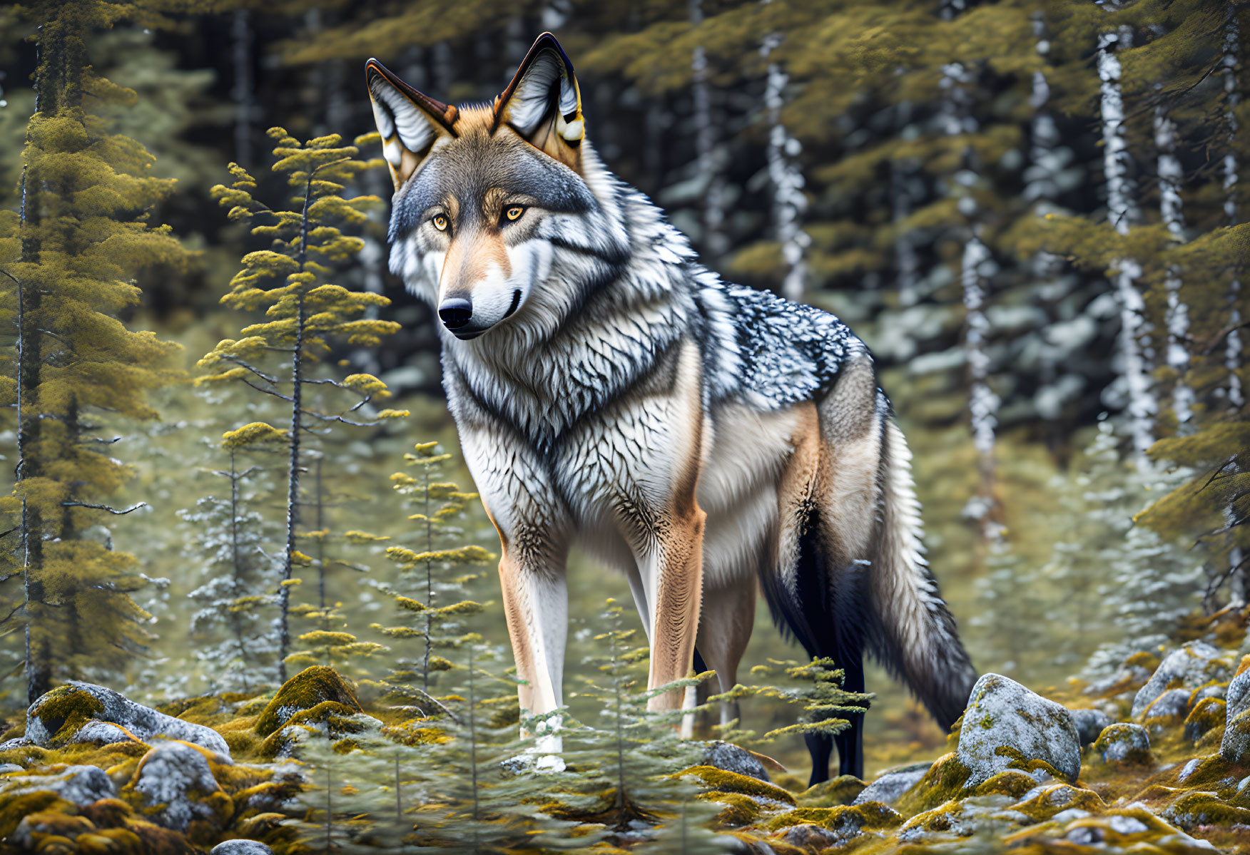 Realistic digital art: Large wolf in lush forest with ferns and moss-covered rocks