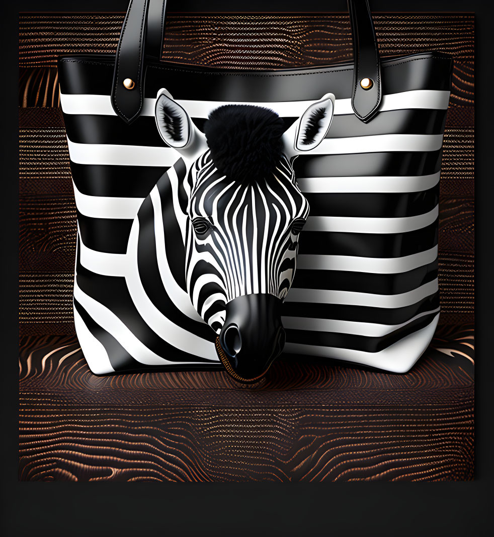 Zebra-Striped Handbag with 3D Zebra Head on Brown Background